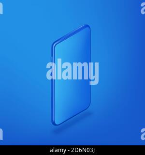 Smartphone vertical mockup design template. Vector realistic 3d isometric illustration of blue plastic mobile phone on blue gradient background. Blank Stock Vector