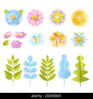 Spring, summer 3d paper cut floral design elements set. Vector craft handmade leaves and flowers, isolated on white background. Greeting card, holiday Stock Vector