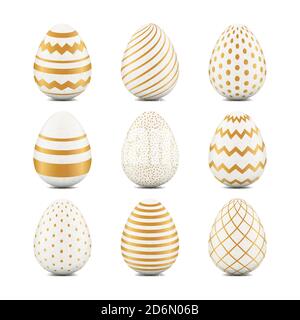 Easter 3d realistic eggs with geometric texture. Vector holiday design elements. White golden pattern. Stock Vector