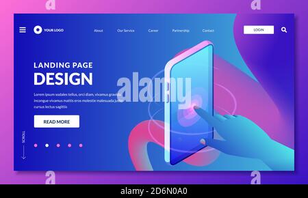 Landing page, web banner design layout. Human finger touches phone screen, vector 3d isometric illustration. Mobile interface development and digital Stock Vector