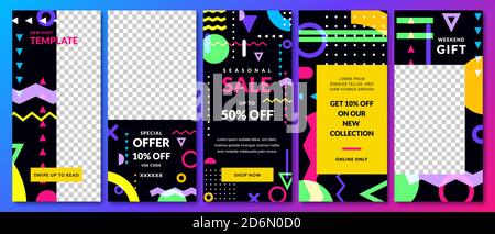 Stories vector template for Instagram social network. Story geometric abstract black background. Trendy design for fashion sale and special offer flye Stock Vector