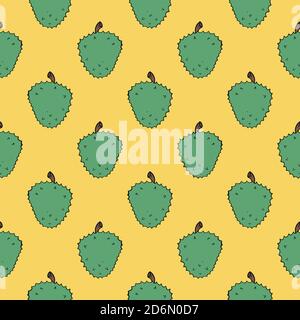 Green durian, seamless pattern on yellow background. Stock Vector