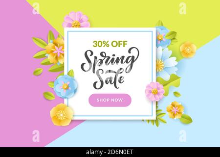 Floral spring white frame on colorful background. Vector discount and sale banner, flyer, poster template. Papercut style illustration of beautiful fl Stock Vector