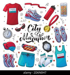 Marathon running clothing, gear and accessories essential kit. Vector doodle style illustration. Hand drawn calligraphy lettering, fitness and sport i Stock Vector
