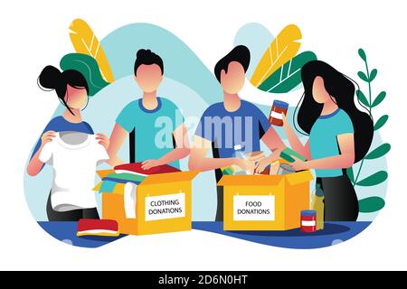 Food and clothes donation. Vector flat illustration. Social care and charity concept. Volunteer people collect donations into boxes. Stock Vector