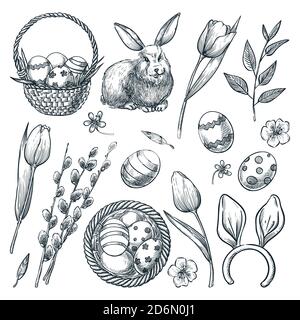 Easter eggs, basket, rabbit, willow and tulips flowers. Vector sketch illustration. Spring holiday design elements set. Stock Vector