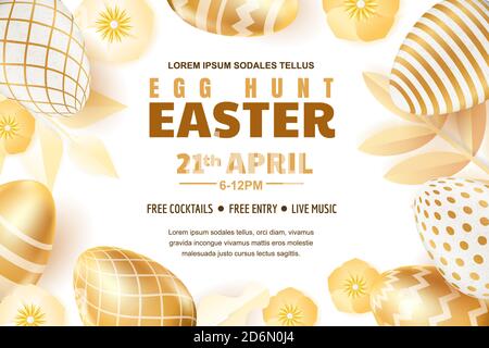 Egg hunt Easter poster, banner or flyer template. Vector layout. Holiday greeting card illustration. Gold eggs with geometric pattern on white backgro Stock Vector