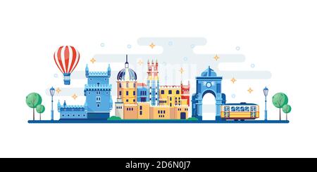 Lisbon cityscape with famous touristic landmarks. Vector flat illustration. Travel to Portugal horizontal banner design elements. Stock Vector