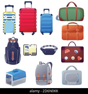 Luggage suitcase and handbags icons. Travel baggage design elements set. Vector cartoon isolated illustration. Stock Vector