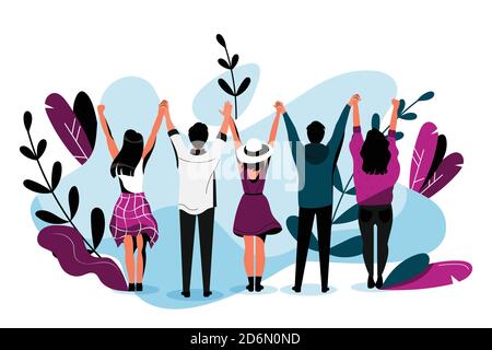 Friendship vector flat illustration. Happy friends hugging together. Young people have a fun event together. Stock Vector