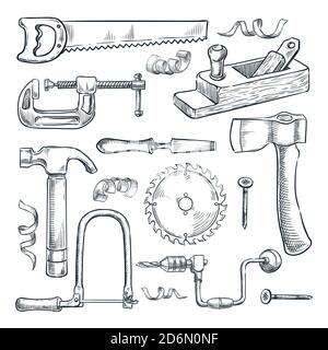 Woodwork and carpentry tools set. Carpenter workshop craft equipment, vector hand drawn sketch illustration. Wood material and furniture industry desi Stock Vector