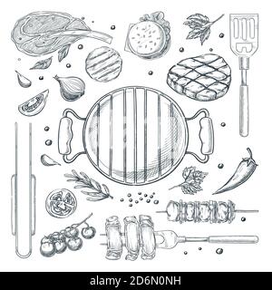 BBQ and grill vector sketch illustration. Top view objects set, isolated on white background. Barbecue food, equipment and tools. Picnic menu design e Stock Vector