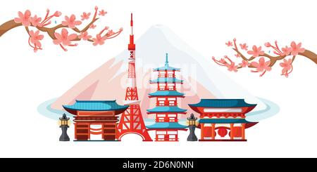 Tokyo cityscape with famous touristic landmarks. Vector flat illustration. Travel to Japan horizontal banner design. Japanese landscape with tradition Stock Vector