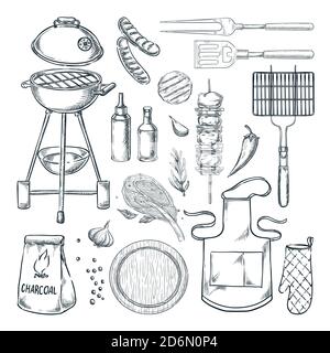 BBQ and grill vector sketch illustration. Barbecue set, isolated on white background. Food, utensil equipment and tools. Picnic menu design elements. Stock Vector