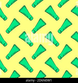 Cream tube, seamless pattern on yellow background. Stock Vector