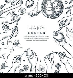 Kids painting Easter eggs. Vector top view sketch illustration of children art workshop. Craft and creativity concept. Holiday banner background desig Stock Vector