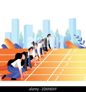 Business people race concept. Business people lined up getting ready for running on stadium sports track. Vector trendy flat illustration. Stock Vector