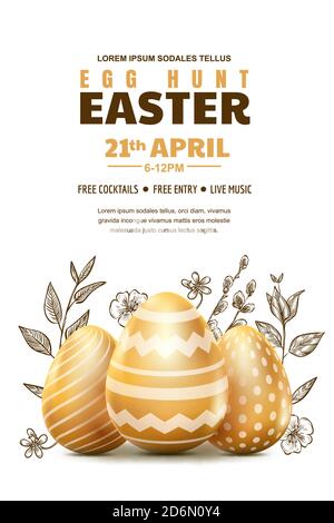 Egg hunt Easter poster or banner template. Holiday flyer layout with place for text. Vector illustration. 3d gold realistic eggs and sketch hand drawn Stock Vector