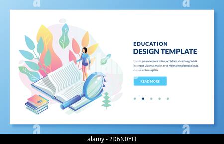 Education and study landing page banner design. Young girl reading and searching for information in large book. Vector isolated isometric illustration Stock Vector