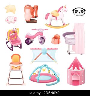 Baby essentials goods set. Vector icons and design elements. Color kids stuff for playing, feeding, nursery. Children shop cartoon illustration. Stock Vector