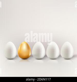 Uniqueness, individuality and being different business creative concept. Vector 3d realistic illustration of white eggs and one golden egg. Stock Vector