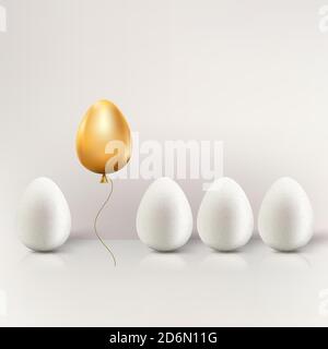 Uniqueness, individuality and being different business creative concept. Vector 3d realistic illustration of one golden air balloon egg flying away fr Stock Vector
