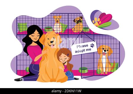 Pet shelter vector flat illustration. Adoption of homeless animals concept. Mom and daughter adopt cute dog from shelter. Stock Vector