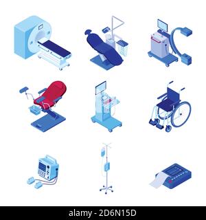 Medical diagnostic and examination equipment. Vector 3d isometric illustration of MRI scanner, dentist and gynecology chair, radiology x-ray machine, Stock Vector