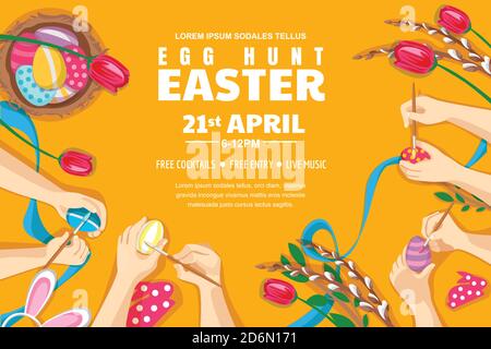Easter holiday poster. Horizontal egg hunt banner or flyer layout with copy space. Kids painting colorful Easter eggs, vector top view illustration. F Stock Vector