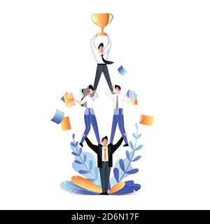 Successful teamwork and support business concept. Vector trendy flat illustration. Businessmen acrobats standing in pyramid and holding team leader wi Stock Vector