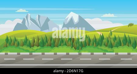 Summer, spring green landscape. Vector illustration of hills, meadows and mountains. Nature outdoor background. Stock Vector