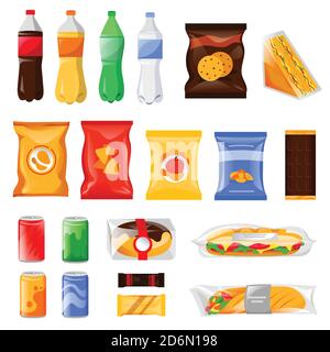 Snack and fast food products set. Cartoon meal and drinks vector illustration, isolated on white background. Beverage bottles, sandwich package and co Stock Vector