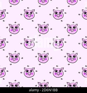 Pig head, seamless pattern on light pink background. Stock Vector