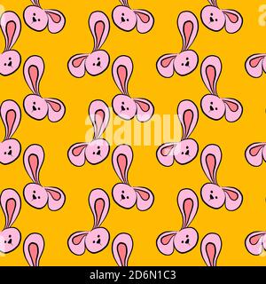 Bunny head with long ears, seamless pattern on yellow background. Stock Vector