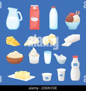 Dairy farm fresh products set. Vector cartoon healthy food illustration. Milk bottle, cottage cheese, yogurt package, butter icons. Stock Vector