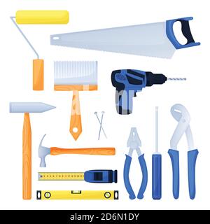 Handyman working kit, home repair tools. House building equipment design elements set. Vector cartoon isolated illustration. Stock Vector