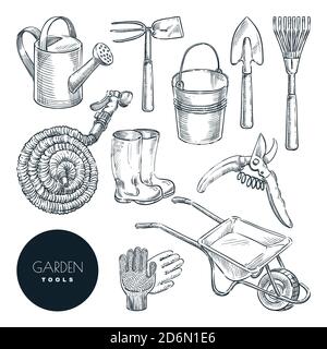 Gardening and farming tools set. Agriculture equipment, vector hand drawn sketch illustration. Garden icons and design elements isolated on white back Stock Vector