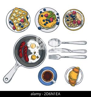 Cooking breakfast, vector top view color sketch illustration. Set of isolated hand drawn morning meal. Restaurant or cafe brunch menu design elements. Stock Vector