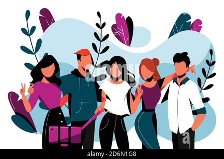Five happy friends make selfie photo. Friendship vector flat illustration. Young people have a fun event together. Stock Vector