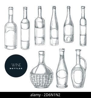 Different shapes of wine bottles. Vector sketch isolated illustration. Wine list or bar menu hand drawn design elements set. Stock Vector