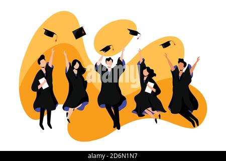Happy young students graduate from university or college. Vector flat illustration. Exams, education and graduation concept. Stock Vector