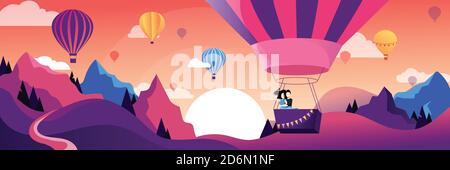 Couple flying hot air balloon above mountains. Air balloon festival vector flat illustration. Romantic summer travel concept. Stock Vector