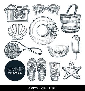 Summer travel essentials, vector sketch illustration. Hand drawn fashion accessories for beach vacation. Icons and design elements set isolated on whi Stock Vector