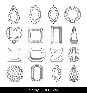 Line art gems, vector icons set. Diamonds and jewels linear illustration. Precious gemstones design elements. Stock Vector