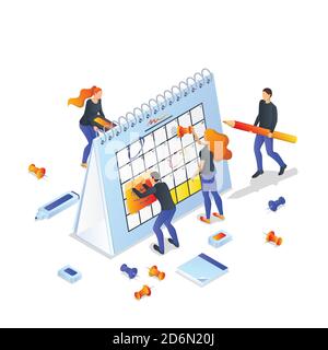 Project planning, deadline and time management concept. Vector 3d isometric illustration isolated on white background. Business team makes office sche Stock Vector