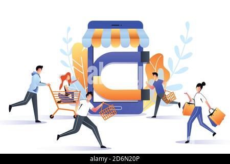 Attraction buyers to online store sale. Big magnet attracts customers, marketing business strategy concept. Vector trendy flat illustration. Stock Vector