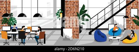 Creative freelancers people in modern coworking office. Vector trendy flat cartoon illustration. Working space with loft contemporary industrial inter Stock Vector
