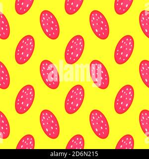 Sausage slices, seamless pattern on yellow background. Stock Vector