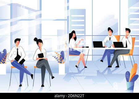 Job interview with candidate in company office. Recruitment and hiring business concept. Vector trendy flat illustration. Stock Vector