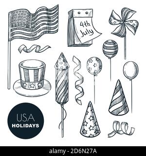 USA national holidays symbols. Vector sketch illustration. Isolated hand drawn design elements for USA Independence Day. 4 of July celebration icons. Stock Vector